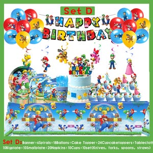 S*per M*rio födelsedagsfestdekorationer, M*rio-tema banderoll tårtdekoration ballonger bordsservis, barnfödelsedagsfesttillbehör, spelfansfestdekorationer Set D