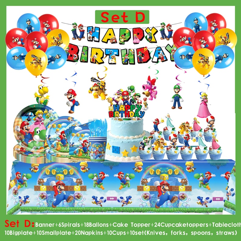 S*per M*rio födelsedagsfestdekorationer, M*rio-tema banderoll tårtdekoration ballonger bordsservis, barnfödelsedagsfesttillbehör, spelfansfestdekorationer Set D