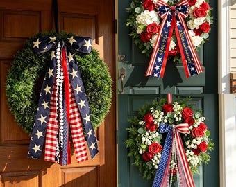 Fiocco patriottico per il 4 luglio, fiocco per porta con stelle rosse, bianche e blu, fiocco per ghirlanda del Giorno dell'Indipendenza, decorazione per porta per il 250° anniversario, nastro per il Memorial Day