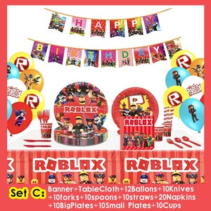 Roblox födelsedagsfesttillbehör, banderoll, ballonger, bakgrund, tårtdekoration, porslin, Roblox festdekorationssats för barn, pojkar, speltemafest Set C