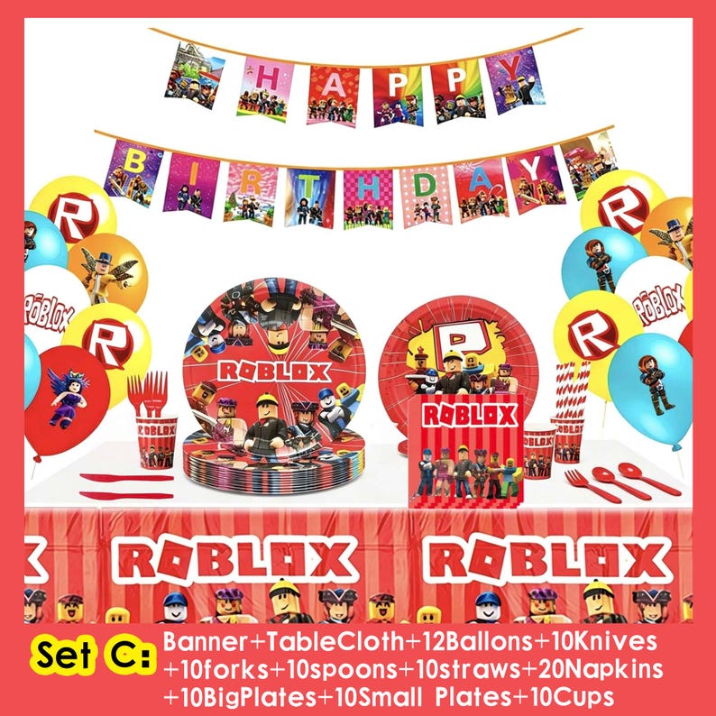Roblox födelsedagsfesttillbehör, banderoll, ballonger, bakgrund, tårtdekoration, porslin, Roblox festdekorationssats för barn, pojkar, speltemafest Set C