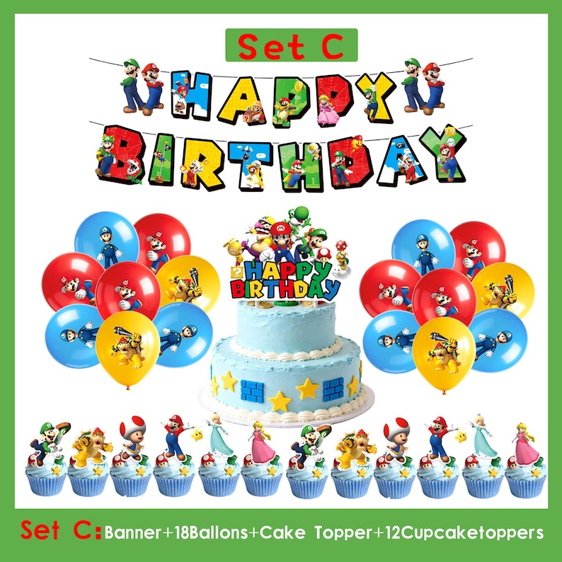 S*per M*rio födelsedagsfestdekorationer, M*rio-tema banderoll tårtdekoration ballonger bordsservis, barnfödelsedagsfesttillbehör, spelfansfestdekorationer Set C