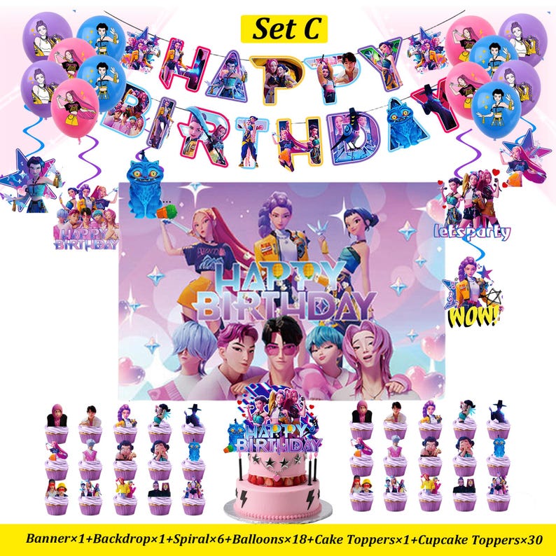 Puede incluir: Un conjunto de decoraci&oacute;n para fiestas de cumplea&ntilde;os con una pancarta que dice "HAPPY BIRTHDAY", globos, adornos para pasteles y cupcakes. El conjunto incluye un tel&oacute;n de fondo con personajes de dibujos animados.