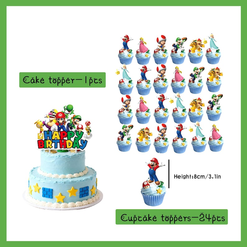 S*per M*rio födelsedagsfestdekorationer, M*rio-tema banderoll tårtdekoration ballonger bordsservis, barnfödelsedagsfesttillbehör, spelfansfestdekorationer bild 9