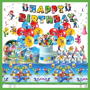 S*per M*rio födelsedagsfestdekorationer, M*rio-tema banderoll tårtdekoration ballonger bordsservis, barnfödelsedagsfesttillbehör, spelfansfestdekorationer bild 1