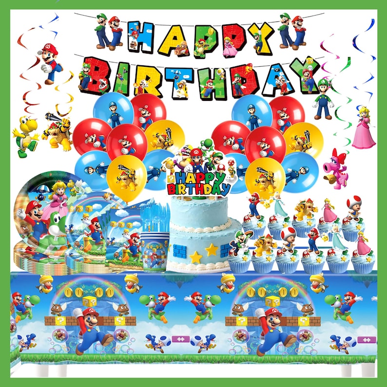 S*per M*rio födelsedagsfestdekorationer, M*rio-tema banderoll tårtdekoration ballonger bordsservis, barnfödelsedagsfesttillbehör, spelfansfestdekorationer bild 1