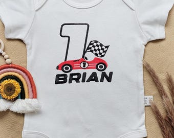 Fast One Birthday Embroidered Race Car Onesie - Personalized Baby Gift