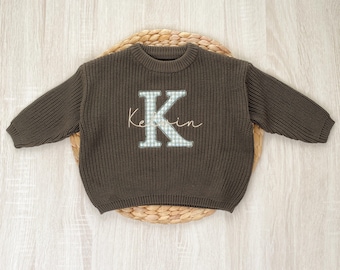 Applique Monogrammed  Embroidered Baby Name Sweater, Cozy Boho Knit, First Birthday Outfit, Custom Baby Keepsake Outfit