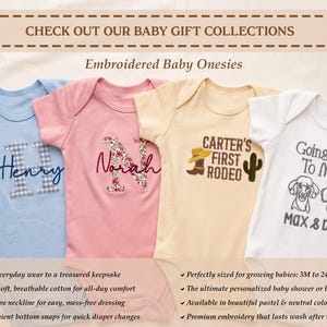 May include: Four short-sleeved baby onesies in light blue, pink, cream, and white. The blue onesie features a plaid letter H and the name Henry. The pink one has a floral letter N and the name Norah. The cream one says Carter's First Rodeo with a cowboy hat and cactus. The white one says Going Home To Meet Max & Duke with two dog faces.