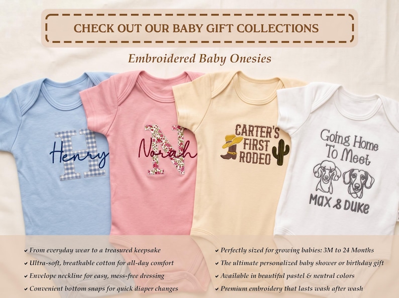 May include: Four short-sleeved baby onesies in light blue, pink, cream, and white. The blue onesie features a plaid letter H and the name Henry. The pink one has a floral letter N and the name Norah. The cream one says Carter's First Rodeo with a cowboy hat and cactus. The white one says Going Home To Meet Max & Duke with two dog faces.