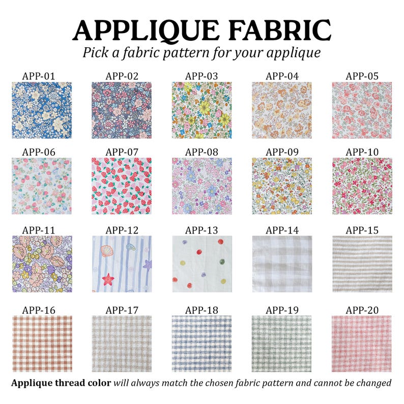Pode incluir: Uma grade de vinte amostras de tecido rotuladas de APP-01 a APP-20, apresentando padr&otilde;es florais, morangos, conchas, bolinhas e xadrez em v&aacute;rias cores. O texto diz APPLIQUE FABRIC, Pick a fabric pattern for your applique.