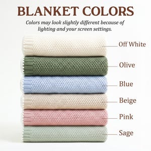 May include: A stack of six folded blankets with a textured knit pattern. The text BLANKET COLORS appears at the top, followed by a disclaimer. Labels identify the colors as Off White, Olive, Blue, Beige, Pink, and Sage, each with a thin line.
