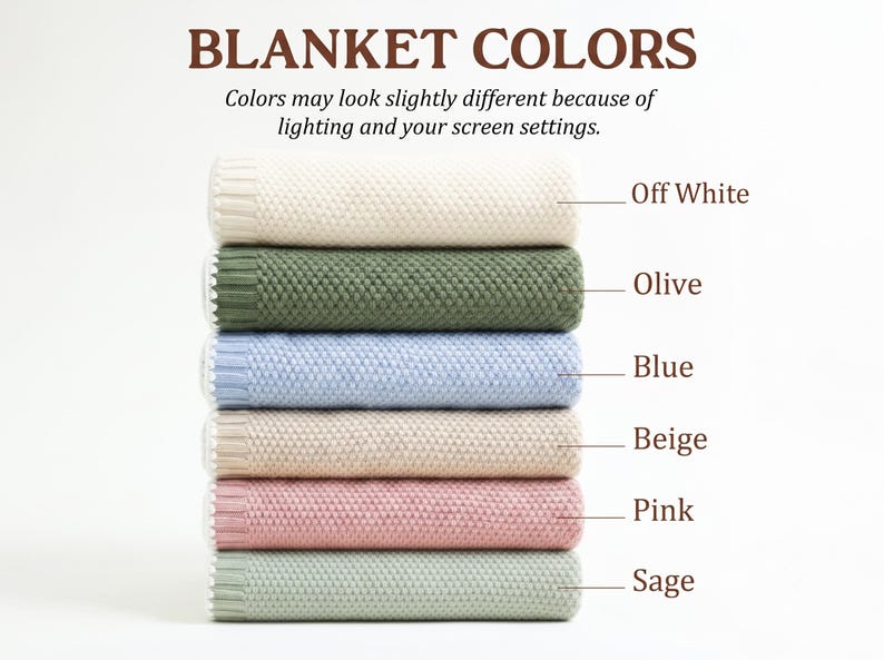 May include: A stack of six folded blankets with a textured knit pattern. The text BLANKET COLORS appears at the top, followed by a disclaimer. Labels identify the colors as Off White, Olive, Blue, Beige, Pink, and Sage, each with a thin line.
