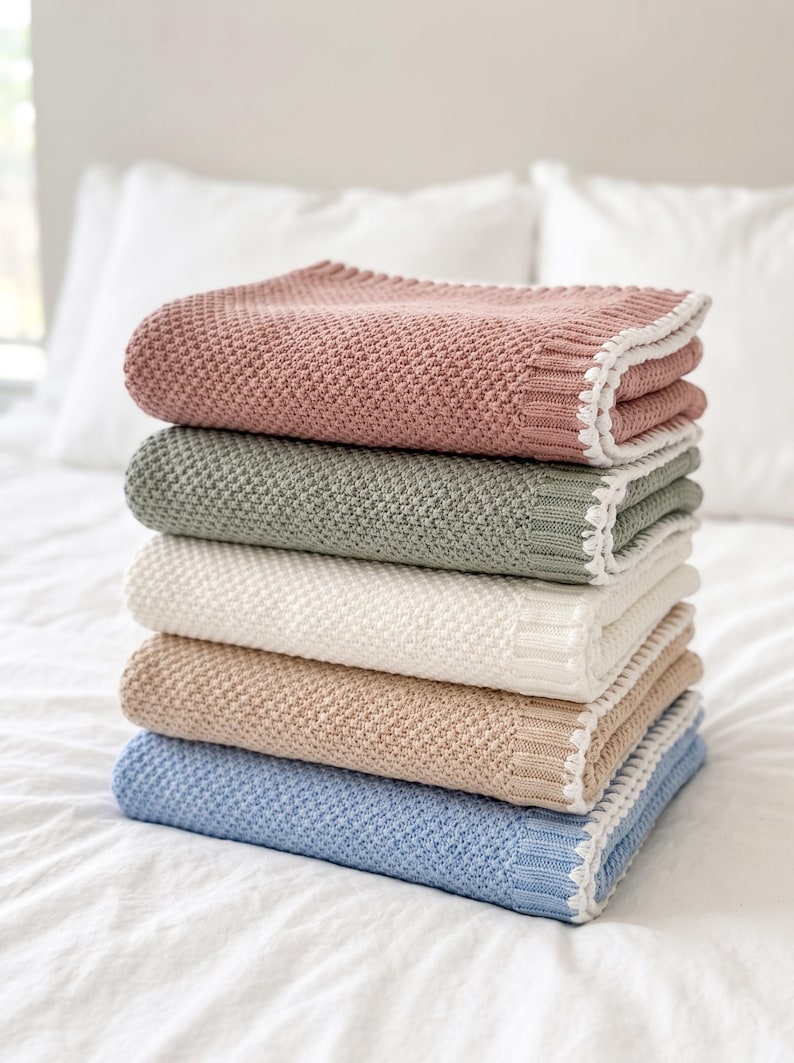 May include: A stack of five folded knit blankets in dusty rose, sage green, cream, beige, and light blue. Each blanket features a textured honeycomb stitch pattern, a ribbed border, and a decorative white scalloped edge along the folded side.