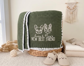 Green personalized baby blanket with dog/cat name and portrait, embroidered cotton baby blanket, pet lover parents gifts