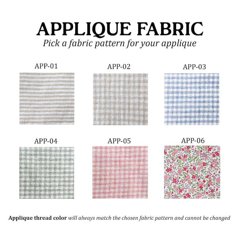 May include: A grid of six fabric swatches labeled APP-01 through APP-06. The patterns include beige stripes, beige gingham, blue gingham, sage green gingham, pink gingham, and a small pink and green floral print on a white background.