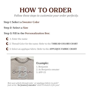 May include: A guide titled "HOW TO ORDER" with instructions for customising a sweater. Steps include selecting colour, size, and filling a personalisation box with name, thread colour, and applique fabric. An example shows a sweater with the name "Benjamin".