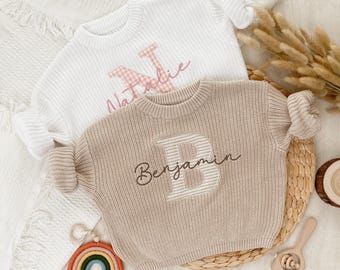 Gingham Applique Embroidered Baby Name Sweater, Cozy Boho Knit, Newborn Coming Home Outfit, Custom Newborn Outfit Ideal for Baby Coming Home