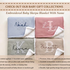 May include: Four folded baby sherpa blankets with a textured knit top and white sherpa lining. Each blanket features a large gingham initial applique and an embroidered name: Noah, Lucy, Kevin, and Bennett. The text reads: CHECK OUT OUR BABY GIFT COLLECTIONS, Embroidered Baby Sherpa Blanket With Name.