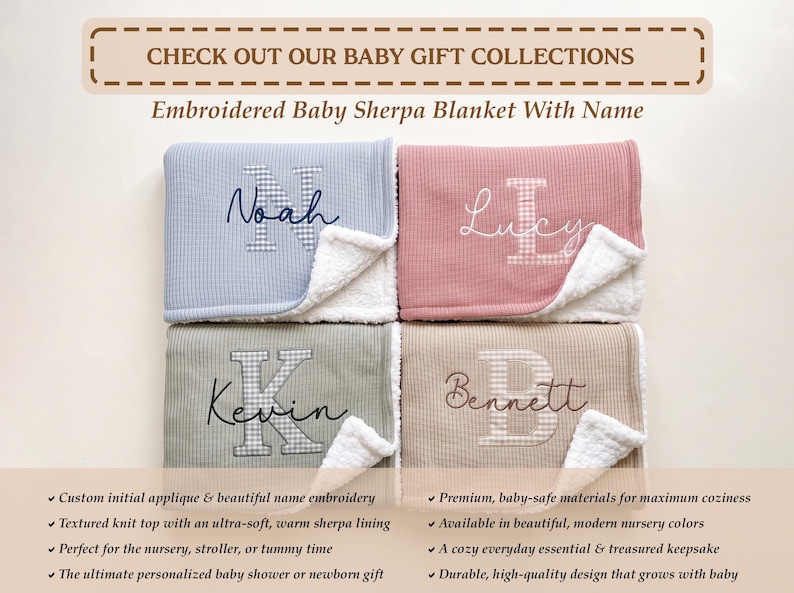 May include: Four folded baby sherpa blankets with a textured knit top and white sherpa lining. Each blanket features a large gingham initial applique and an embroidered name: Noah, Lucy, Kevin, and Bennett. The text reads: CHECK OUT OUR BABY GIFT COLLECTIONS, Embroidered Baby Sherpa Blanket With Name.