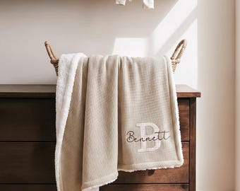 Neutral baby custom blanket with name, sherpa baby embroidered nursery blanket, baby keepsake, baby shower gifts, welcome baby gifts