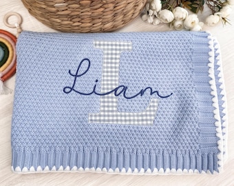 Baby boy blanket, embroidered baby blanket with name, cotton knit custom baby blanket, gift for baby boys