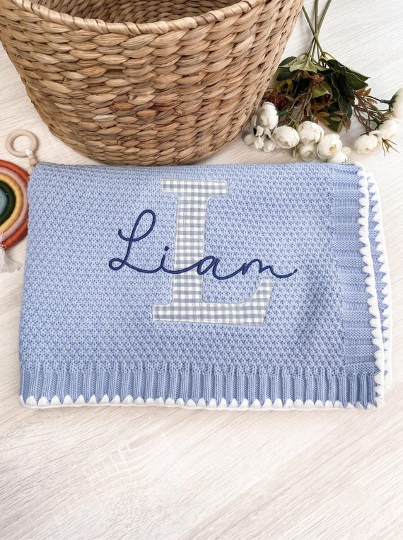 Baby boy blanket, embroidered baby blanket with name, cotton knit custom baby blanket, gift for baby boys