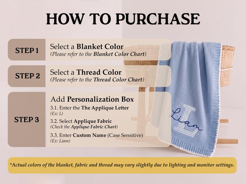 May include: A light blue knit blanket with a white border, featuring a white gingham applique letter L and the name Liam embroidered in dark blue script. Text instructions for purchase are displayed on the left side of the image.