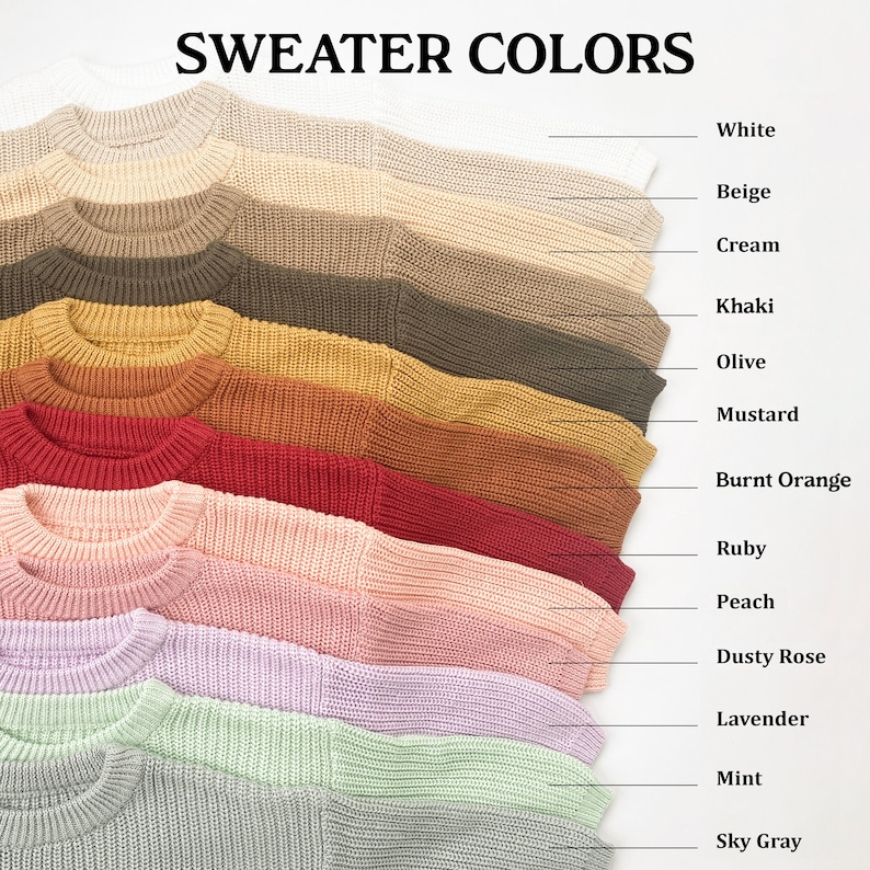 May include: An array of sweaters in a spectrum of colours: white, beige, cream, khaki, olive, mustard, burnt orange, ruby, peach, dusty rose, lavender, mint, and sky grey. The image presents the sweaters in a layered display, highlighting the diverse shades.