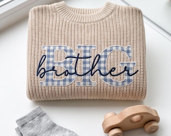 Big Brother Announcement Pullover, Cozy Chunky Knit, Toddler Boy Gift, Matching Sibling Outfit, Blue Gingham Applique