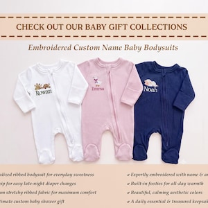 May include: Three long-sleeved, ribbed baby bodysuits with front zippers and footies. The white suit features an embroidered giraffe and the name Rowan. The pink suit features an embroidered goose and the name Emma. The navy suit features an embroidered sheep and the name Noah.