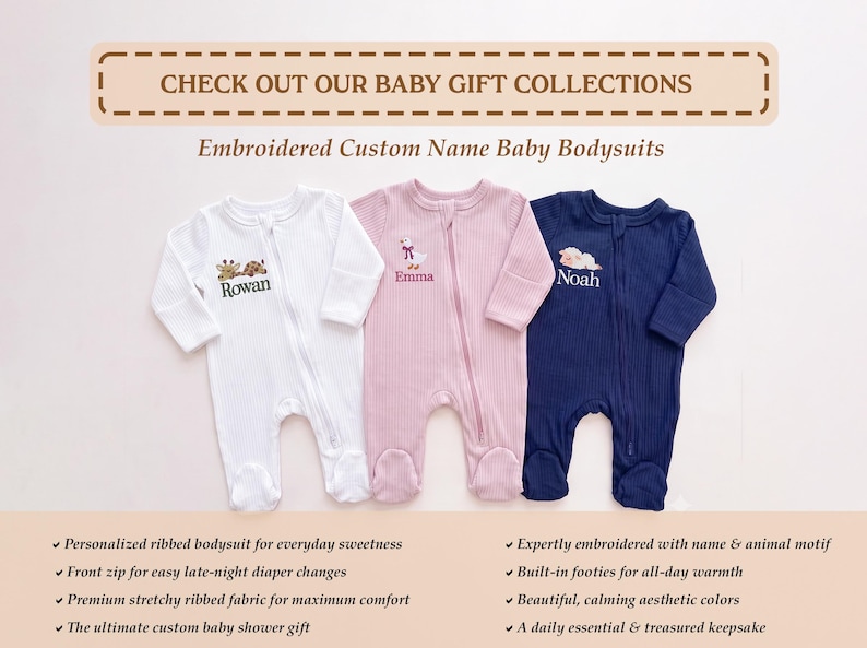 May include: Three long-sleeved, ribbed baby bodysuits with front zippers and footies. The white suit features an embroidered giraffe and the name Rowan. The pink suit features an embroidered goose and the name Emma. The navy suit features an embroidered sheep and the name Noah.
