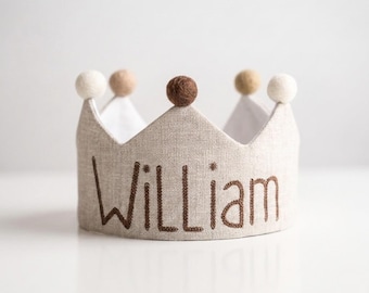 Neutral Hand Embroidered Linen Crown for Kids and Children's Birthdays, Keepsake for First Birthday Party and Special Occasions