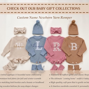 May include: Four sets of custom name newborn yarn rompers in beige, blue, pink, and brown. Each set includes a long-sleeve knit romper with wooden buttons, a matching beanie or headband, and knit booties. The rompers feature embroidered names.