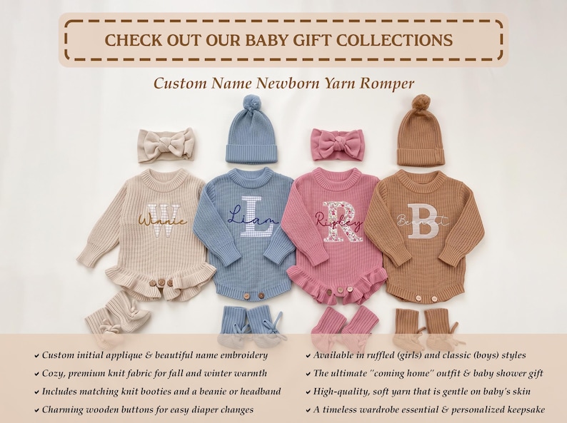 May include: Four sets of custom name newborn yarn rompers in beige, blue, pink, and brown. Each set includes a long-sleeve knit romper with wooden buttons, a matching beanie or headband, and knit booties. The rompers feature embroidered names.