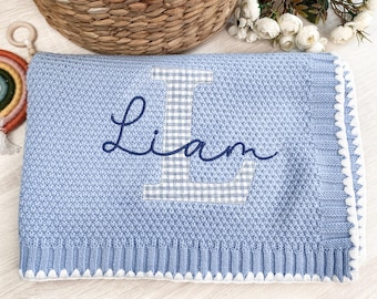 Baby boy blanket, embroidered baby blanket with name, cotton knit custom baby blanket, gift for baby boys