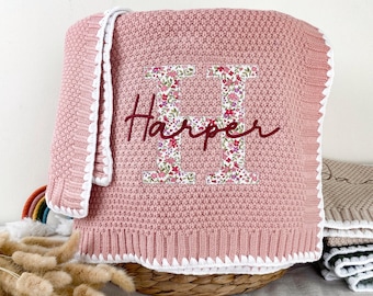 Vintage pink personalized baby girl applique embroidered blanket, embroidered newborn gifts, baby shower gifts