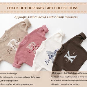 May include: Four long-sleeved baby sweaters in beige, dusty rose, white, and dark brown. Each sweater features a large, textured applique letter with a name embroidered in cursive script. The text reads: CHECK OUT OUR BABY GIFT COLLECTIONS.
