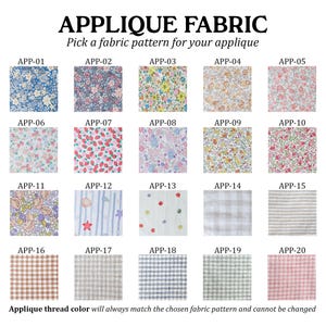 May include: Twenty fabric swatches for applique, each with a unique code. The patterns include floral, striped, polka dot, and gingham designs in various colours. The text reads "APPLIQUE FABRIC" and "Pick a fabric pattern for your applique."