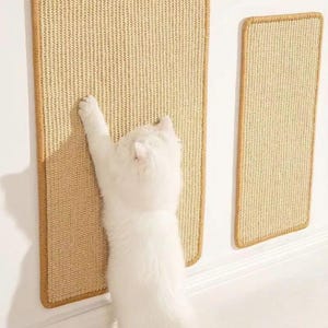 May include: A white cat interacting with a sisal scratching board mounted on a white wall. The scratching board is rectangular with a tan border. A second, smaller scratching board is also visible.