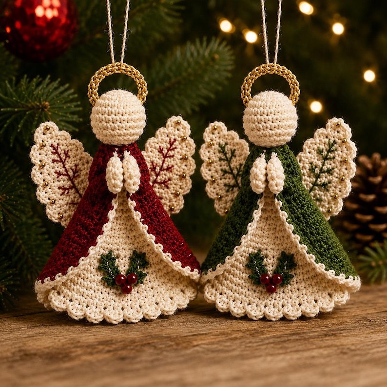 May include: Two crocheted angel ornaments with gold halos, one in deep red and one in forest green. Each figure features cream-colored wings with embroidered details, joined hands, and a holly leaf and berry embellishment on the front hem.