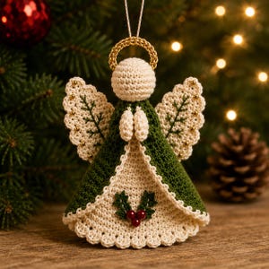 May include: A crocheted angel ornament featuring a dark green dress with a cream-colored underskirt, cream wings with green leaf embroidery and gold beads, a gold halo, and a holly berry accent at the center. The figure has hands held in prayer.