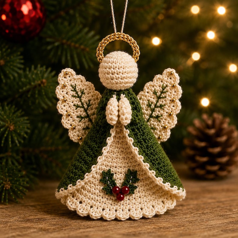May include: A crocheted angel ornament featuring a dark green dress with a cream-colored underskirt, cream wings with green leaf embroidery and gold beads, a gold halo, and a holly berry accent at the center. The figure has hands held in prayer.