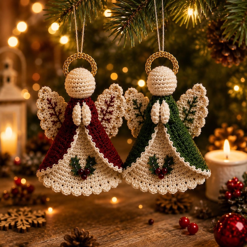May include: Two handmade crochet angel ornaments hanging by strings. One angel wears a deep red dress, the other a dark green dress. Both have cream-colored heads with gold halos, cream wings with red or green stitching, and holly berry accents.