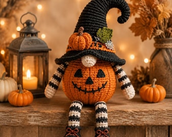 Halloween Pumpkin Gnome Crochet Pattern PDF • Jack O Lantern Witch Gnome Amigurumi • Fall Decor Crochet Tutorial
