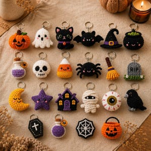 Crochet Halloween Keychain Pattern PDF, 22 Amigurumi Charms (Digital Download)