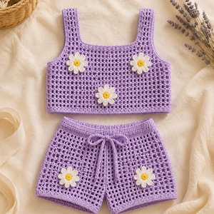 Haakpatroon voor een babykleding setje met madeliefjes | Topje en shortje van mesh | Zomeroutfit voor peuters | Gehaakte set met bloemenprint | PDF-patroon 12-24 maanden