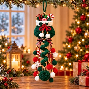 May include: A hanging Christmas ornament featuring a dark green crocheted sack filled with miniature gifts and a candy cane. Below the sack, a spiral green crocheted element is adorned with red and white pom-poms, gold beads, and snowflakes.