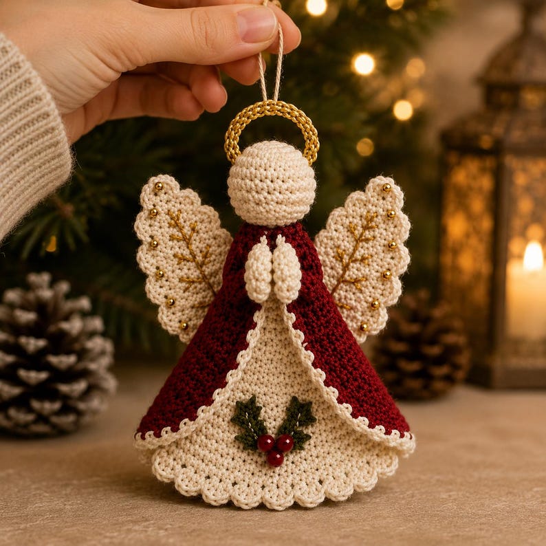 May include: A crocheted angel ornament featuring a cream-colored head with a gold halo, a deep red outer robe, and a cream-colored inner dress. The wings are cream with gold embroidery and beads, and the front displays a holly leaf and berry motif.