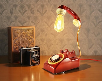 Retro Telephone Desk Lamp: Red Upcycled Vintage Decor